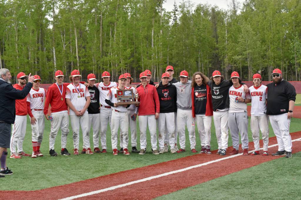 The Kenai Central baseball team took second in the Division II state baseball tournament Saturday, June 4, 2023, at Wasilla High School in Wasilla, Alaska. (Photo by Jeff Helminiak/Peninsula Clarion)