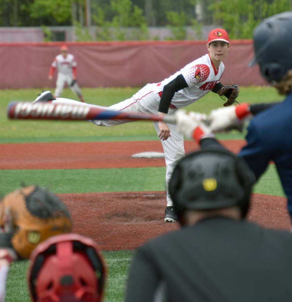 Kenai Central pitcher Jackson Marion delivers to Soldotnas Matthew Schilling in the Division II state championship game Saturday, June 4, 2023, at Wasilla High School in Wasilla, Alaska. (Photo by Jeff Helminiak/Peninsula Clarion)
