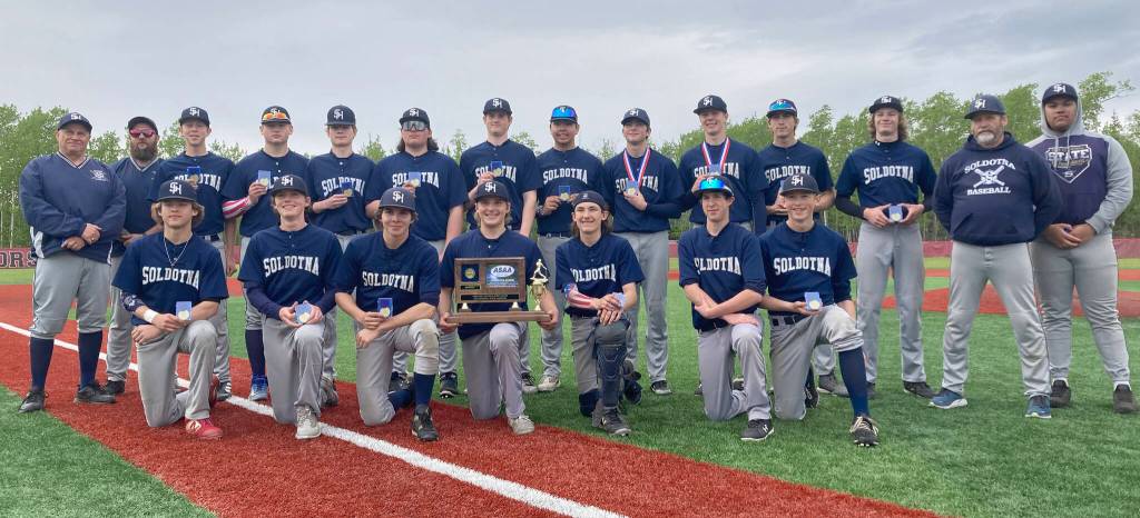 The Soldotna baseball team won in the Division II state championship game Saturday, June 4, 2023, at Wasilla High School in Wasilla, Alaska. (Photo by Jeff Helminiak/Peninsula Clarion)