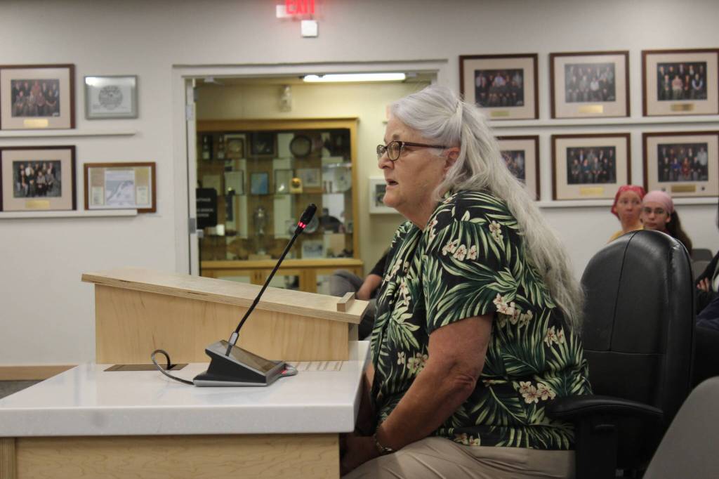 Kristin Lambert testifies in support of funding for the Soldotna Senior Center during an assembly meeting on Tuesday, June 6, 2023, in Soldotna, Alaska. (Ashlyn OHara/Peninsula Clarion)