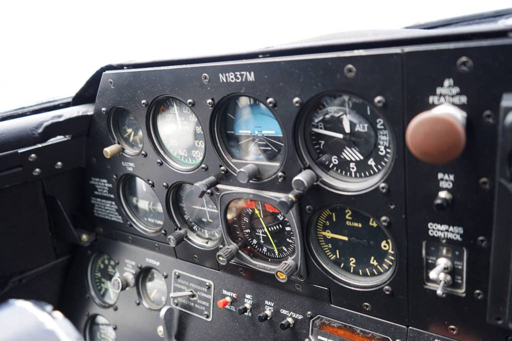 An array of gauges fill a panel inside a large plane displayed at the Kenai Peninsula Air Fair on Saturday, June 10, 2023, at the Kenai Municipal Airport in Kenai, Alaska. (Jake Dye/Peninsula Clarion)