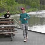 Anchorages Carrie Setian leads Soldotnas Jenny Neyman in the Tsalteshi Backyard Ultra on Friday, June 9, 2023, along the Kenai River in Soldotna, Alaska. Setian won the event. (Photo by Jeff Helminiak/Peninsula Clarion)