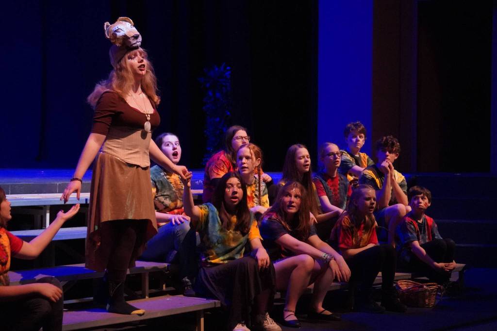 JLee Webster portrays Nala in a rehearsal of The Lion King Jr. in the Renee C. Henderson Auditorium in Kenai, Alaska, on Tuesday, June 6, 2023. (Jake Dye/Peninsula Clarion)
JLee Webster portrays Nala in a rehearsal of The Lion King Jr. in the Renee C. Henderson Auditorium in Kenai, Alaska, on Tuesday, June 6, 2023. (Jake Dye/Peninsula Clarion)