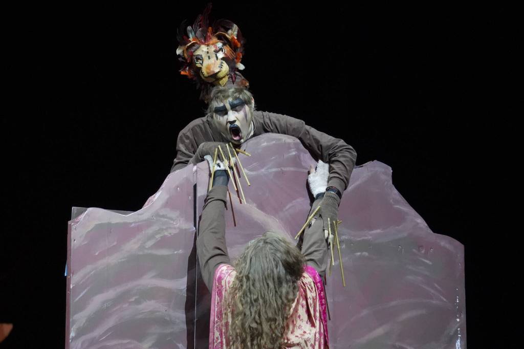 Josiah Burton portrays Scar and Gavin Hunt portrays Mufasa during a rehearsal of The Lion King Jr. in the Renee C. Henderson Auditorium in Kenai, Alaska, on Tuesday, June 6, 2023. (Jake Dye/Peninsula Clarion)