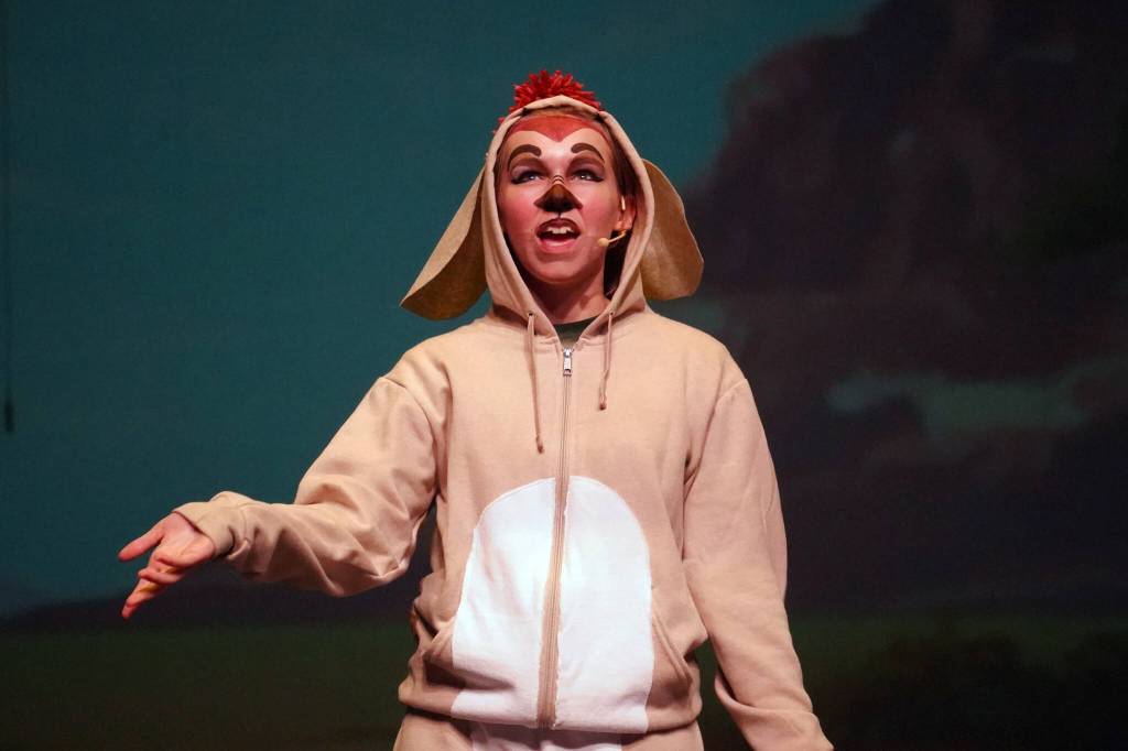 Cora Frazier portrays Timon during a rehearsal of The Lion King Jr. in the Renee C. Henderson Auditorium in Kenai, Alaska, on Tuesday, June 6, 2023. (Jake Dye/Peninsula Clarion)