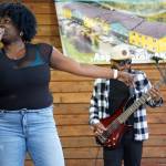 Mimi Keonna, part of Wasabi Black, performs during the Soldotna Music Series at Soldotna Creek Park in Soldotna, Alaska, on Wednesday, June 21, 2023. (Jake Dye/Peninsula Clarion)