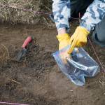 One of the interns working with Salamatof Tribe Duhdeldiht Youth Services collects a soil sample at an archeological site near Nikiski, Alaska, on Tuesday, June 27, 2023. (Jake Dye/Peninsula Clarion)