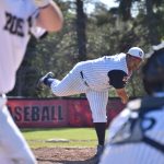 Legion Twins pitcher Atticus Gibson delivers to the Lower Columbia (Washington) Baseball Club on Saturday, July 1, 2023, at the Kenai Little League fields in Kenai, Alaska. (Photo by Jeff Helminiak/Peninsula Clarion)
