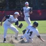 Legion Twins second baseman Andrew Pieh tags out Kolten Lindstrom of the Lower Columbia (Washington) Baseball Club on Saturday, July 1, 2023, at the Kenai Little League fields in Kenai, Alaska. (Photo by Jeff Helminiak/Peninsula Clarion)