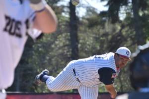 Legion Twins pitcher Atticus Gibson delivers to the Lower Columbia (Washington) Baseball Club on Saturday, July 1, 2023, at the Kenai Little League fields in Kenai, Alaska. (Photo by Jeff Helminiak/Peninsula Clarion)