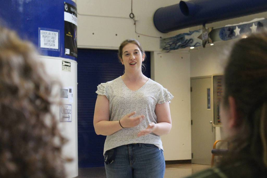 KPBSD Summer Work Program Coordinator Olivia Weagraff welcomes attendees to a program celebration event at Soldotna High School on Thursday, June 29, 2023 in Soldotna, Alaska. (Ashlyn OHara/Peninsula Clarion)