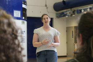 KPBSD Summer Work Program Coordinator Olivia Weagraff welcomes attendees to a program celebration event at Soldotna High School on Thursday, June 29, 2023 in Soldotna, Alaska. (Ashlyn OHara/Peninsula Clarion)