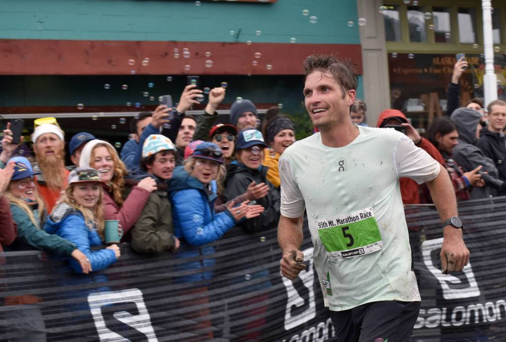 Fairbanks native David Norris wins the mens Mount Marathon Race on Tuesday, July 4, 2023, in Seward, Alaska. (Photo by Jeff Helminiak/Peninsula Clarion)