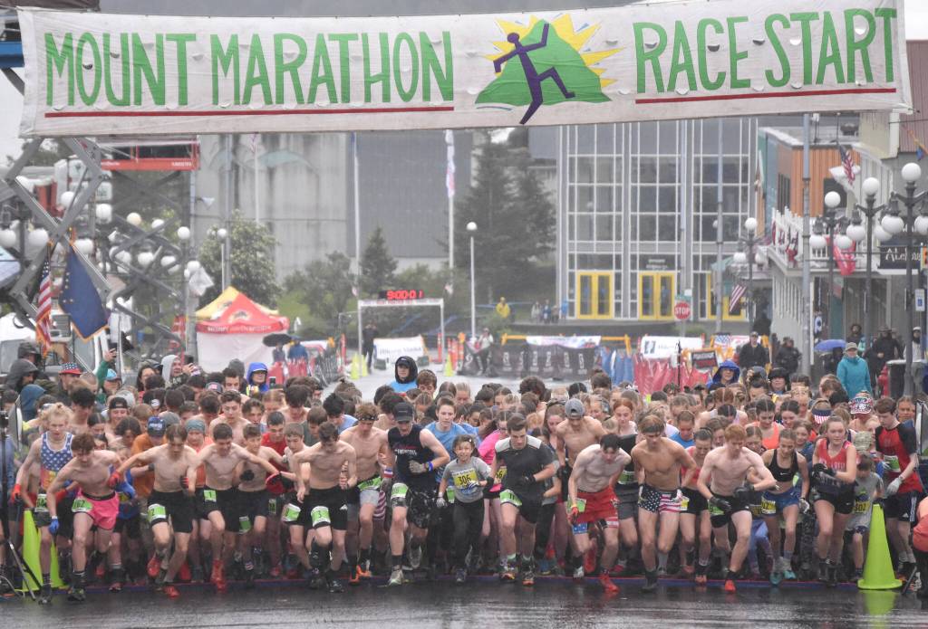 The start of the junior Mount Marathon Race on Tuesday, July 4, 2023, in Seward, Alaska. (Photo by Jeff Helminiak/Peninsula Clarion)