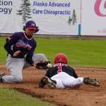 Brett Grupe dives into second base while Emilio Barreras brings in the ball for a tag during a game between the Peninsula Oilers and the Mat-Su Miners on Tuesday, July 4, 2023, at Coral Seymour Memorial Park in Kenai, Alaska. (Jake Dye/Peninsula Clarion)