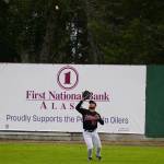 Nick Costello catches a ball deep in the outfield during a game between the Peninsula Oilers and the Mat-Su Miners on Tuesday, July 4, 2023, at Coral Seymour Memorial Park in Kenai, Alaska. (Jake Dye/Peninsula Clarion)