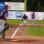 Brett Grupe makes a dash for the home plate during a game between the Peninsula Oilers and the Mat-Su Miners on Tuesday, July 4, 2023, at Coral Seymour Memorial Park in Kenai, Alaska. (Jake Dye/Peninsula Clarion)