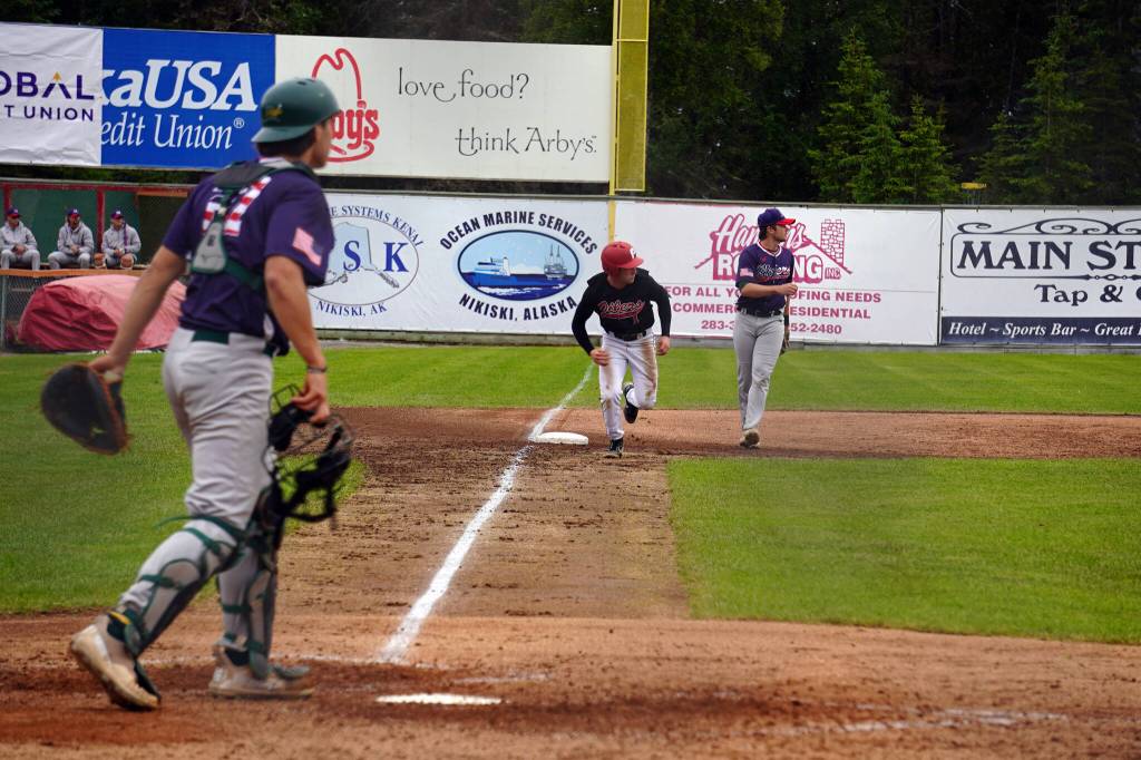 Brett Grupe makes a dash for the home plate during a game between the Peninsula Oilers and the Mat-Su Miners on Tuesday, July 4, 2023, at Coral Seymour Memorial Park in Kenai, Alaska. (Jake Dye/Peninsula Clarion)