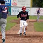Brett Grupe arrives back at home during a game between the Peninsula Oilers and the Mat-Su Miners on Tuesday, July 4, 2023, at Coral Seymour Memorial Park in Kenai, Alaska. (Jake Dye/Peninsula Clarion)