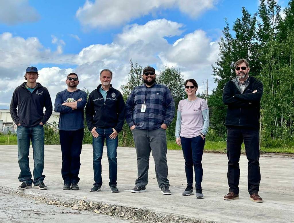 From left, Kenai Peninsula Borough Environmental Manager Ethan Walz, Borough Attorney Sean Kelley, Borough Risk Manager Sovala Kisena, Borough Finance Director Brandi Harbaugh and Borough Purchasing and Contracting Director John Hedges stand at the site of the former ZipMart on Friday, June 30, 2023 in Sterling, Alaska. (Photo courtesy Kenai Peninsula Borough)