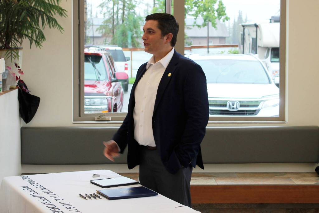 Rep. Justin Ruffridge, R-Soldotna, delivers opening remarks at a bill signing event at Twin Cities Veterinary Clinic on Thursday, July 6, 2023 in Soldotna, Alaska. (Ashlyn OHara/Peninsula Clarion)
