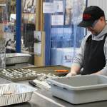 AlaSkins employee Jeramie Davis (left) slices and rolls cod skins that will ultimately be sold as pet treats at AlaSkins on Thursday, July 6, 2023 in Soldotna, Alaska. (Ashlyn OHara/Peninsula Clarion)