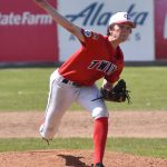 Legion Twins reliever Derrick Jones delivers to Chugiak on Sunday, July 9, 2023, at Coral Seymour Memorial Park in Kenai, Alaska. (Photo by Jeff Helminiak/Peninsula Clarion)