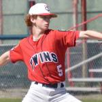 Legion Twins pitcher Malakai Olson delivers to Chugiak on Sunday, July 9, 2023, at Coral Seymour Memorial Park in Kenai, Alaska. (Photo by Jeff Helminiak/Peninsula Clarion)