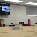 From left, Kenai Peninsula Borough School District Board of Education members Zen Kelly, Patti Truesdell, KPBSD Assistant Superintendent Kari Dendurent and Jason Tauriainen participate in a board meeting on Monday, July 10, 2023 in Soldotna, Alaska. (Ashlyn OHara/Peninsula Clarion)