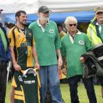 John Fitzpatrick, Dan Balmer, Chip Duggan, Tom Klinker and Wayne Aderhold pose at the Between the Tides Rugby Tourney at Millennium Square Field on Saturday, July 15, 2023. Fitzpatrick, Duggan, Klinker and Aderhold used to play for the Homer Irish Lords. Balmer is the president and coach for the Kenai Wolfpack. (Photo by Jeff Helminiak/Peninsula Clarion)
