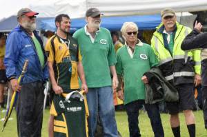 John Fitzpatrick, Dan Balmer, Chip Duggan, Tom Klinker and Wayne Aderhold pose at the Between the Tides Rugby Tourney at Millennium Square Field on Saturday, July 15, 2023. Fitzpatrick, Duggan, Klinker and Aderhold used to play for the Homer Irish Lords. Balmer is the president and coach for the Kenai Wolfpack. (Photo by Jeff Helminiak/Peninsula Clarion)
