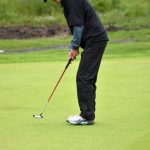 Shane Sundberg drops an eagle putt on No. 3 to win the playoff for the amateur division title at the Kenai Peninsula Open on Sunday, July 16, 2023, at Birch Ridge Golf Course in Soldotna, Alaska. (Photo by Jeff Helminiak/Peninsula Clarion)