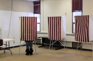 A Mackey Lake voter fills out a special mayoral ballot at Soldotna Prep School on Tuesday, Feb. 14, 2023 in Soldotna, Alaska. (Ashlyn OHara/Peninsula Clarion)
