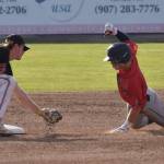 Peninsula Oilers shortstop Michael Elko catches Blake Wilhoite of the Chugiak-Eagle River Chinooks trying to steal Thursday, July 27, 2023, at Coral Seymour Memorial Park in Kenai, Alaska. (Photo by Jeff Helminiak/Peninsula Clarion)