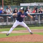 Chugiak-Eagle River Chinooks starter Garrett DeClue pitched a complete game against the Peninsula Oilers on Sunday, July 30, 2023, at Coral Seymour Memorial Park in Kenai, Alaska. (Photo by Jeff Helminiak/Peninsula Clarion)