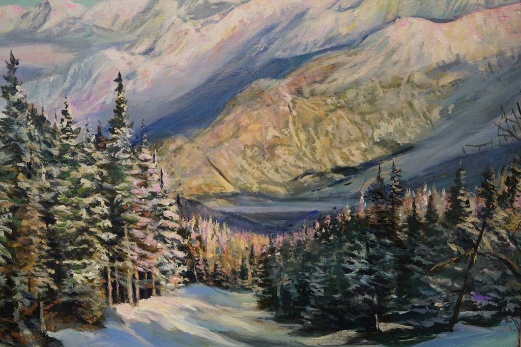 A painting by Susan Watkins hangs at the Kenai Art Center in Kenai, Alaska, on Wednesday, Aug. 2, 2023, as part of Up Close and Far Away  My View, the centers August exhibit. (Jake Dye/Peninsula Clarion)