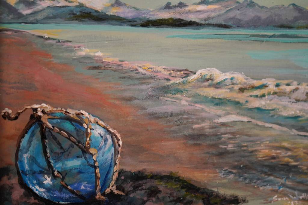 A painting by Susan Watkins hangs at the Kenai Art Center in Kenai, Alaska, on Wednesday, Aug. 2, 2023, as part of Up Close and Far Away  My View, the centers August exhibit. (Jake Dye/Peninsula Clarion)