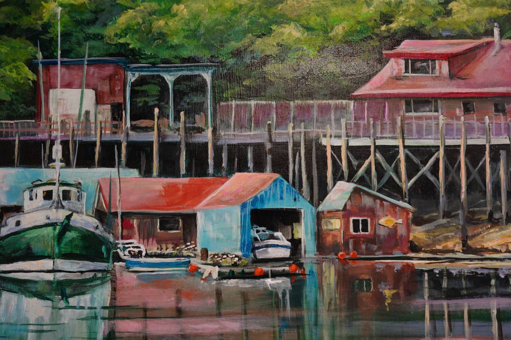 A painting by Susan Watkins hangs at the Kenai Art Center in Kenai, Alaska, on Wednesday, Aug. 2, 2023, as part of Up Close and Far Away  My View, the centers August exhibit. (Jake Dye/Peninsula Clarion)