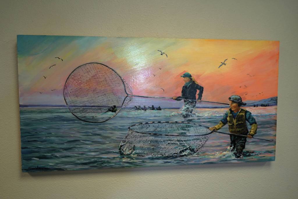 A painting by Susan Watkins hangs at the Kenai Art Center on Wednesday, as part of Up Close and Far Away  My View, the centers August exhibit. (Jake Dye/Peninsula Clarion)