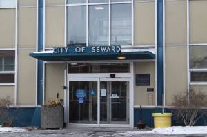 Signs direct visitors at Seward City Hall on Sunday, Nov. 28, 2021, in Seward, Alaska. (Ashlyn OHara/Peninsula Clarion)