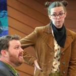 Joe Spady portrays Mr. Toad and Hayley Vest portrays Rat in a rehearsal for Treefort Theatres The Wind in the Willows at Christ Lutheran Church in Soldotna, Alaska, on Sunday, Aug. 13, 2023. (Jake Dye/Peninsula Clarion)