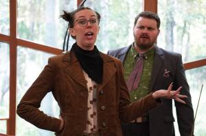 Hayley Vest portrays Rat and Joe Spady portrays Mr. Toad in a rehearsal for Treefort Theatres The Wind in the Willows at Christ Lutheran Church in Soldotna, Alaska, on Sunday, Aug. 13, 2023. (Jake Dye/Peninsula Clarion)