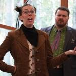 Hayley Vest portrays Rat and Joe Spady portrays Mr. Toad in a rehearsal for Treefort Theatres The Wind in the Willows at Christ Lutheran Church in Soldotna, Alaska, on Sunday, Aug. 13, 2023. (Jake Dye/Peninsula Clarion)