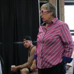 Mary Dodge talks about flooding shes experienced on Patrick Drive during a public meeting to talk about high water conditions on Thursday, Aug. 17, 2023, in Soldotna, Alaska. (Ashlyn OHara/Peninsula Clarion)