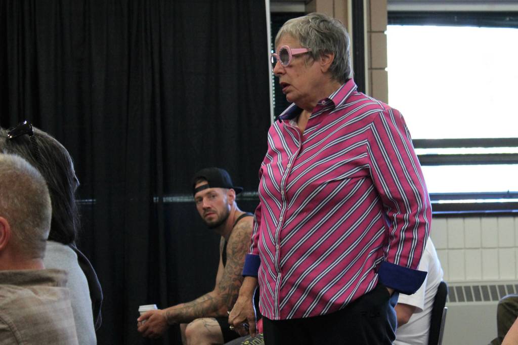 Mary Dodge talks about flooding shes experienced on Patrick Drive during a public meeting to talk about high water conditions on Thursday, Aug. 17, 2023, in Soldotna, Alaska. (Ashlyn OHara/Peninsula Clarion)