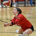 Kenai Centrals Jaycie Castillo digs up a ball against Sitka on Wednesday, Aug. 23, 2023, at Kenai Central High School in Kenai, Alaska. (Photo by Jeff Helminiak/Peninsula Clarion)