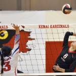 Kenai Centrals Stella Selanoff attacks against Sitka on Wednesday, Aug. 23, 2023, at Kenai Central High School in Kenai, Alaska. (Photo by Jeff Helminiak/Peninsula Clarion)