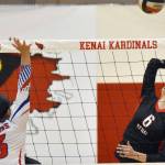 Kenai Central's Stella Selanoff attacks against Sitka on Wednesday, Aug. 23, 2023, at Kenai Central High School in Kenai, Alaska. (Photo by Jeff Helminiak/Peninsula Clarion)