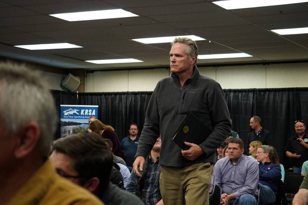 Gov. Mike Dunleavy moves towards the podium at the Kenai River Sportfishing Associations Kenai Classic Roundtable at the Soldotna Regional Sports Complex in Soldotna, Alaska, on Wednesday, Aug. 23, 2023. (Jake Dye/Peninsula Clarion)