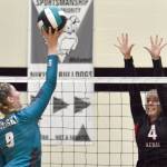 Nikiskis Ashlynne Playle attacks against Kenai Centrals Avia Miller on Saturday, Aug. 26, 2023, at the Shayna Pritchard Memorial Tournament at Nikiski Middle-High School in Nikiski, Alaska. (Photo by Jeff Helminiak/Peninsula Clarion)